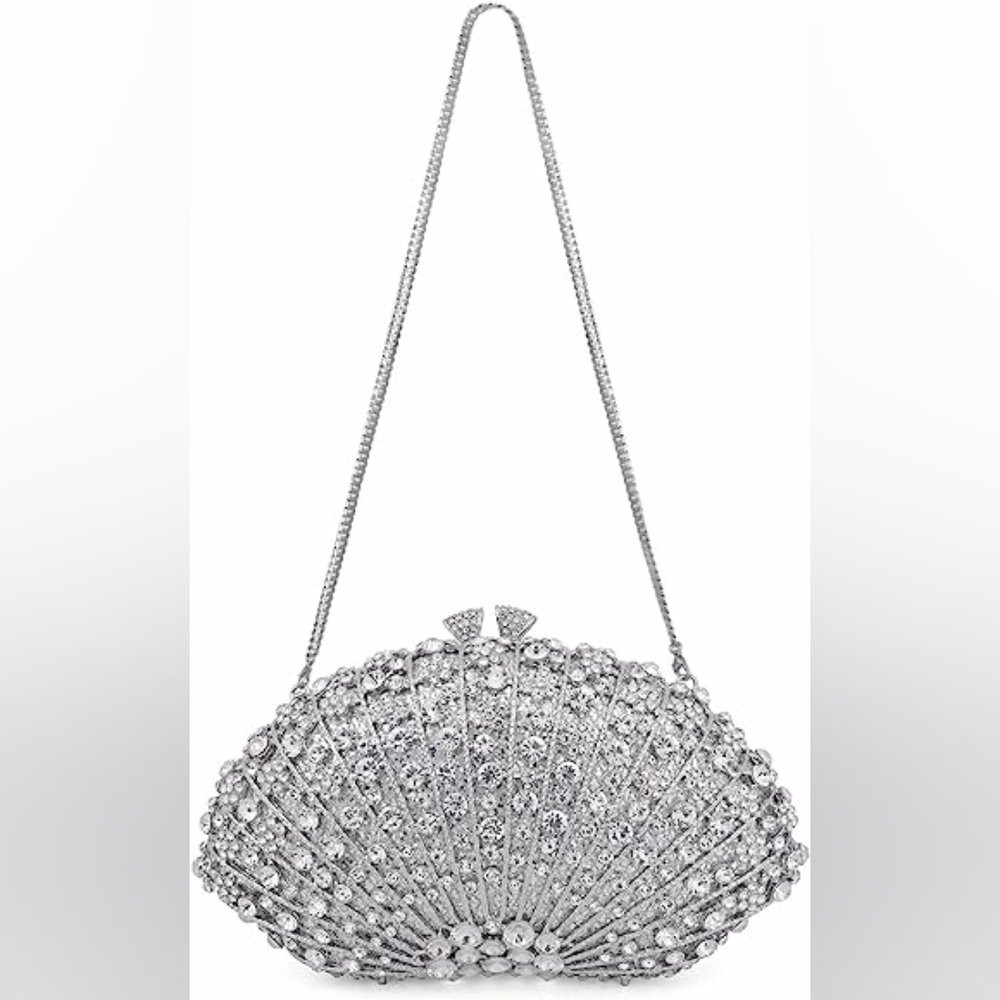NEW Shell Shape Clutch Purse Sparkling Bling Crystal Rhinestones Silver or Gold - Picture 3 of 11
